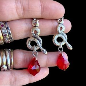 snake dangly earrings & red austrian crystals boho goth stainless steel post
